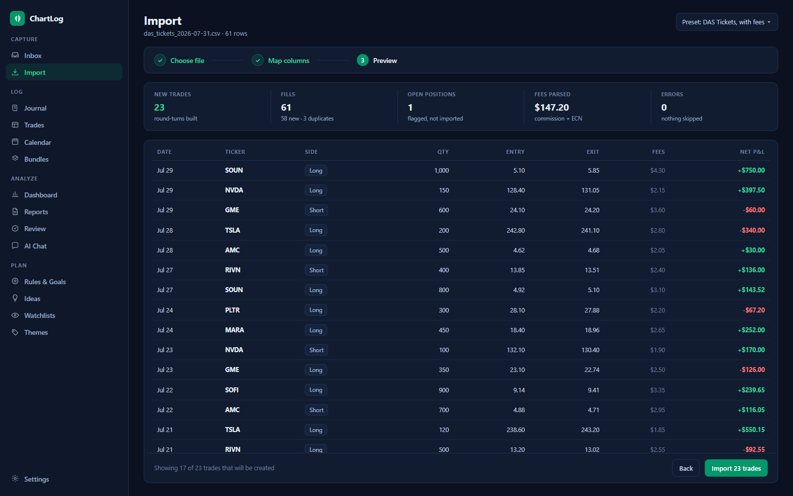 ChartLog CSV import wizard: column mapping and preview of trades to be created